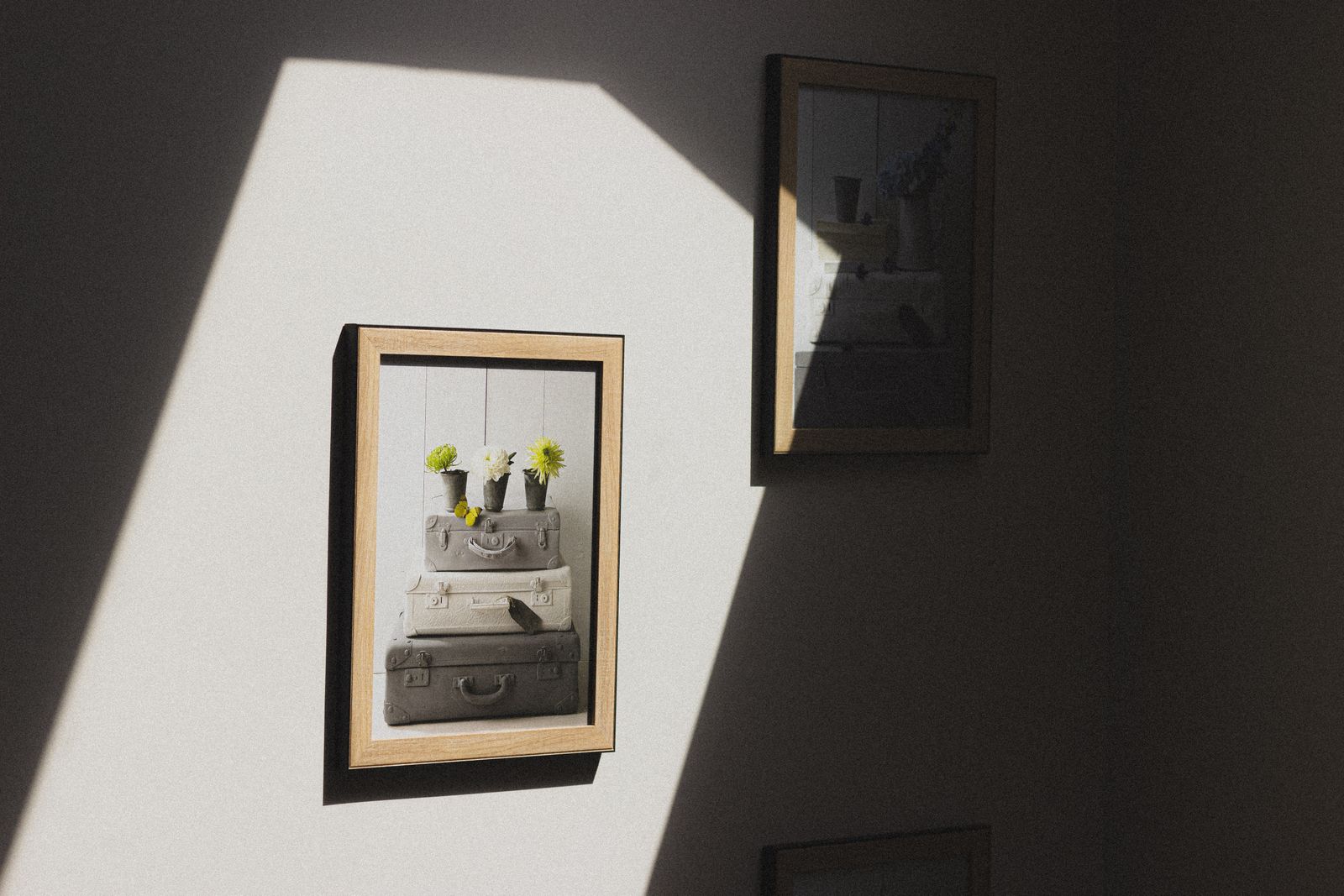 Two framed pictures on a sunlit wall, one showing stacked suitcases and flowers
