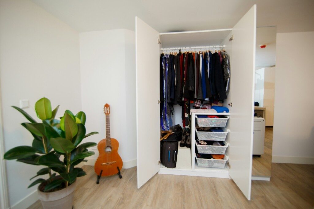 Open closet with hanging clothes, storage bins, a guitar, and a houseplant