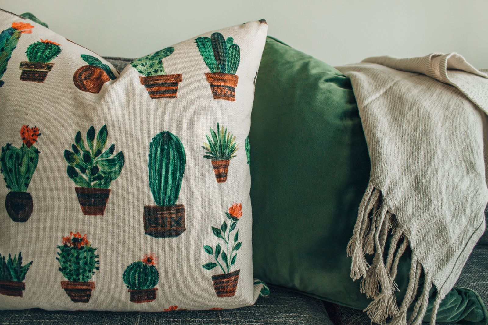 Close-up of a gray couch with a cactus-print pillow, a green pillow, and a fringed throw